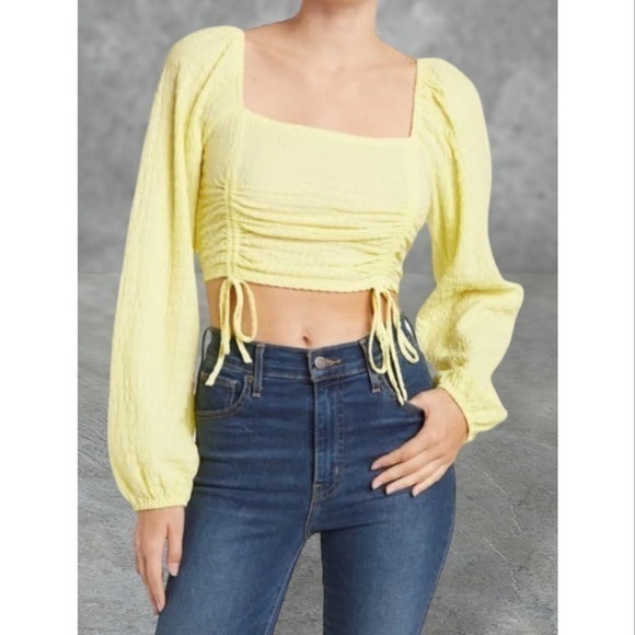 Sophie Rue Yellow Long Sleeve Runched Summer Crop Top Square Neck XS - Picture 1 of 11